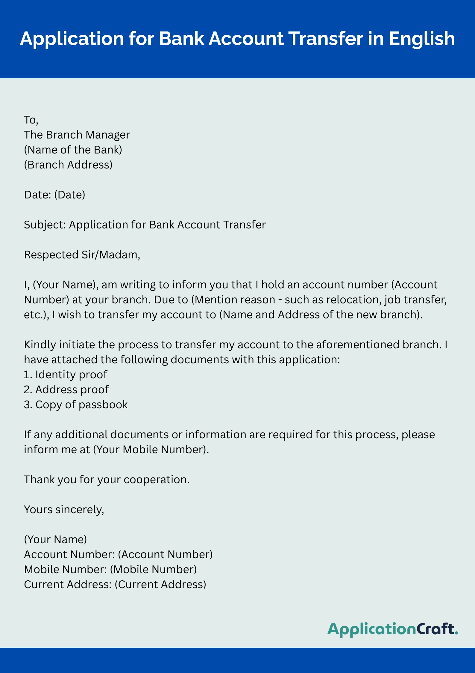 Application for Bank Account Transfer in Hindi